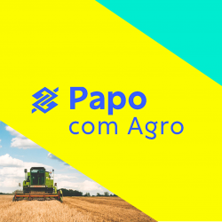 Papo com agro BB: nome do evento ao centro, acompanhando de logo do Banco do Brasil. No canto inferior esquerdo, dentro de um formato geométrico triangular imagem de um grande equipamento agrícola em campo; no canto superior direito, um triângulo azul que dá equilíbrio visual à imagem