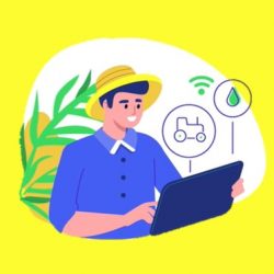 Broto Cursos: centralizada num fundo amarelo, ilustração de agricultor com camisa azul e chapéu amarelo segurando notebook. No canto esquerdo inferior, o logo do Broto